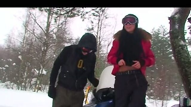 Pretty brunette snowboarder enjoys giving a solid blowjob in skiing resort