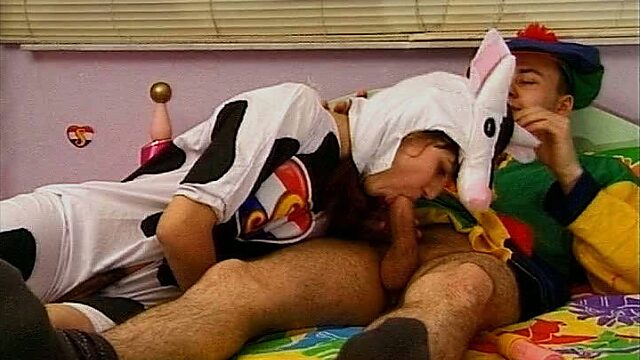 Two frisky folks oral stroke each other's cunts wearing fun costumes