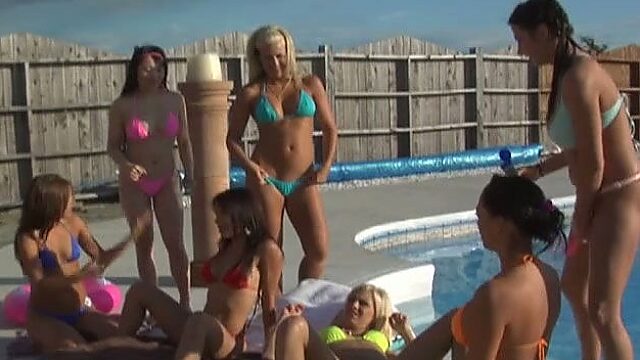 Bunch of hot slim babes enjoy dirty lesbian orgy in pool area
