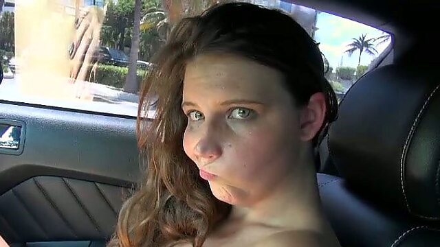 Filthy brunette chick sucks sweet cock of her fellow in car