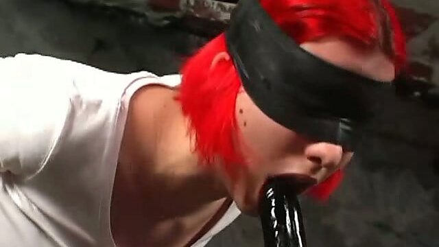 Slut with neon red hair Cherry is tied up before pussy punishment