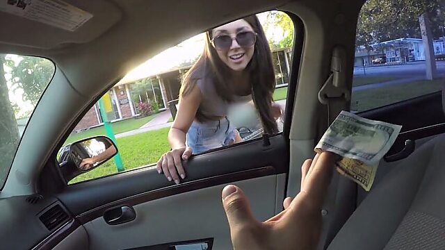Slutty brunette in sunglasses gets picked up and mouthfucked outdoors