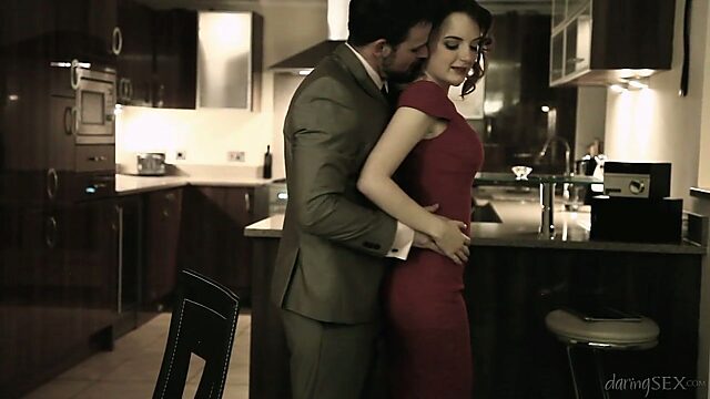 Sensual babe in red dress Lola Gatsby is fucked right in the kitchen
