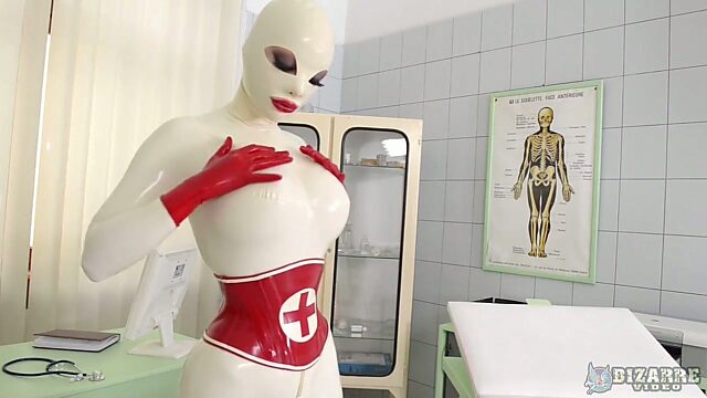 Nurse in latex zipper crotch suit Lucy masturbates pussy and sucks sex toys