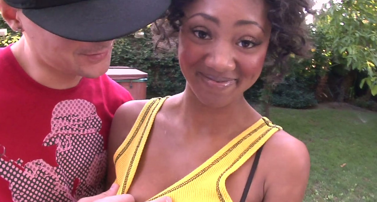 Teen ebony Evanni Solei shows off her bra and thongs