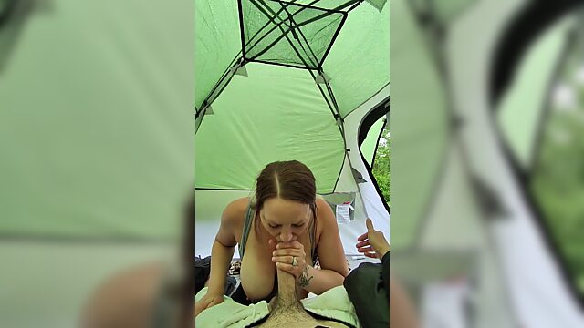 Quickie tent public fuck with busty MILF
