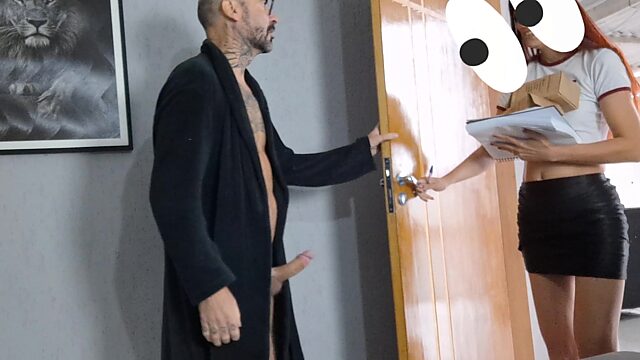 Pretty Skinny Redhead Delivery-girl Gets Seduced By a Perv Exhibitionist & His Exposed Dick