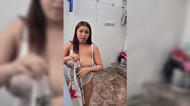 My new neighbor is a busty latina girl with nice tits who agrees to fuck with me