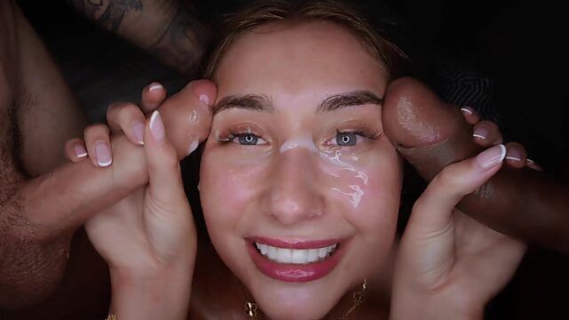 Black and white, she takes both their dicks at once in a 3some