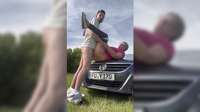 Hot Phat-assed GILF Lets Her Young Lover Fuck Her Hard On the Car's Hood During Their Ride