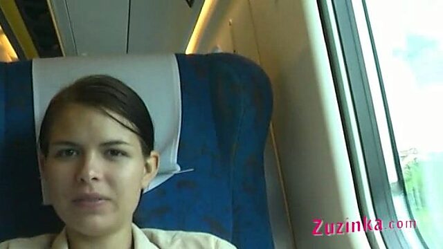 Shameless bitch Zuzinka flashes her shaved pussy in the train